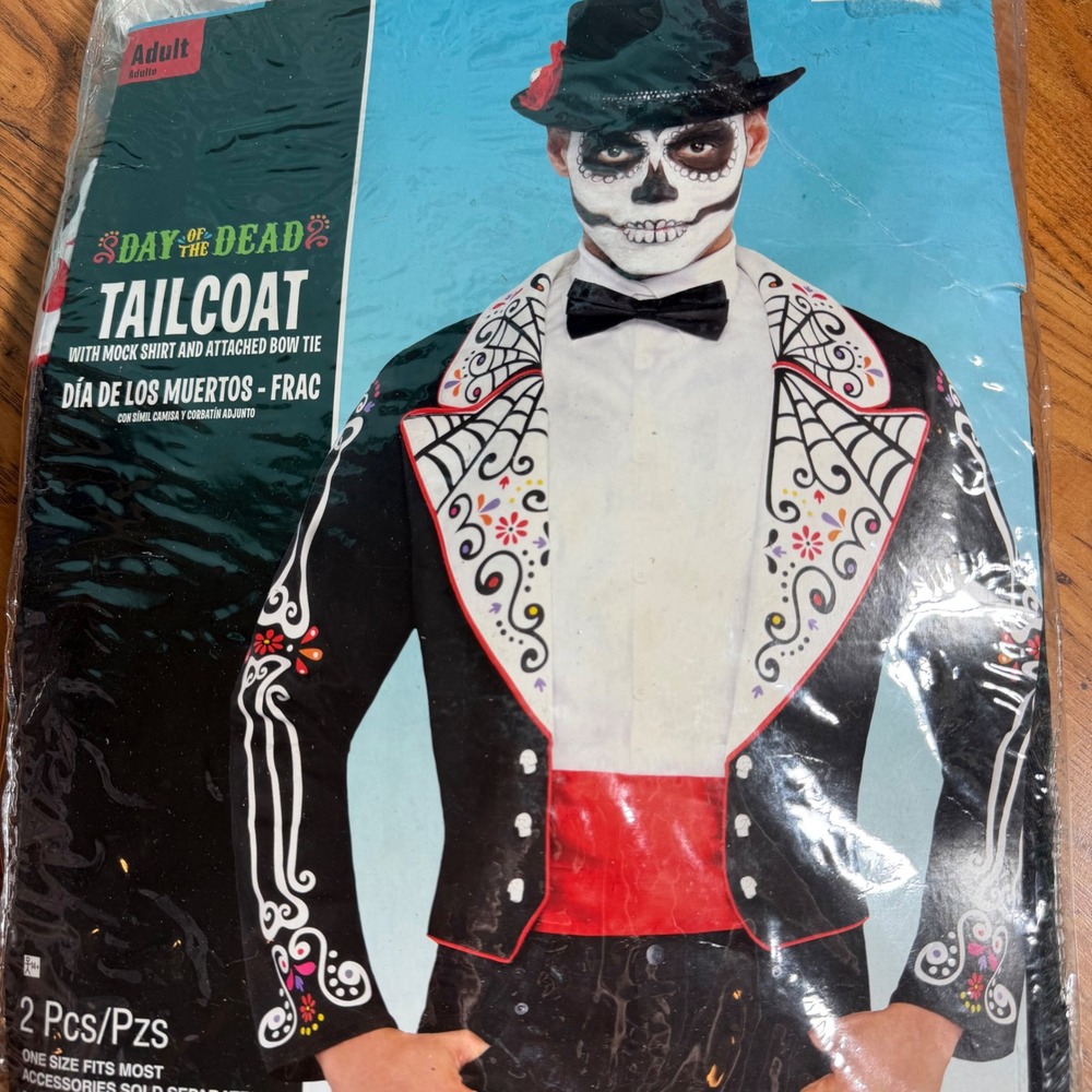 Day of the Dead Tailcoat Costume Adult One Size Dia de los Muertos Mock Shirt